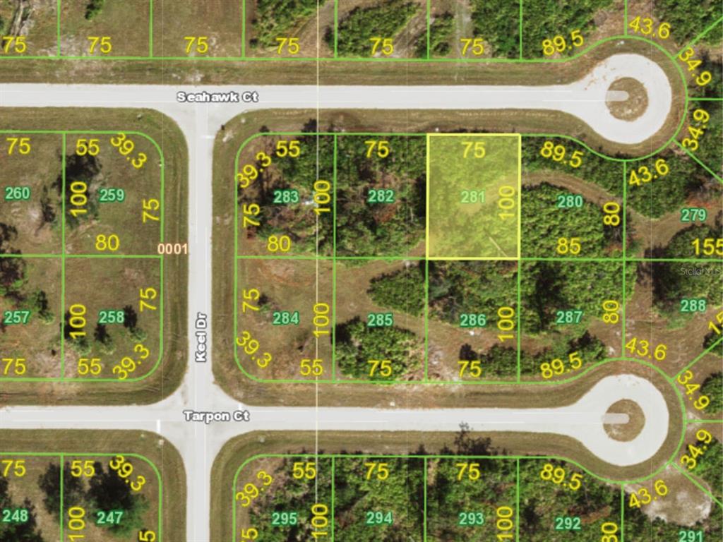 This is a property map showing residential lot boundaries and dimensions along two cul-de-sac streets — 19 SEAHAWK COURT, PLACIDA, FL