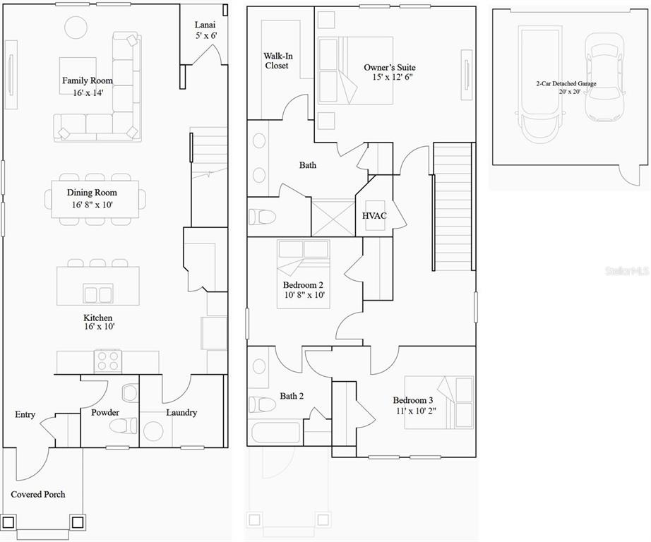 This floor plan shows a two-story home layout with a detached garage and a lanai — 1898 RIDER RAIN LANE, APOPKA, FL
