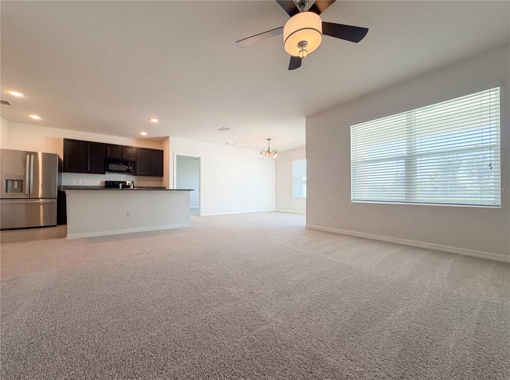 An open-concept living area features beige carpeting, a ceiling fan, and an adjacent kitchen — 11835 MYRTLE ROCK DRIVE, RIVERVIEW, FL