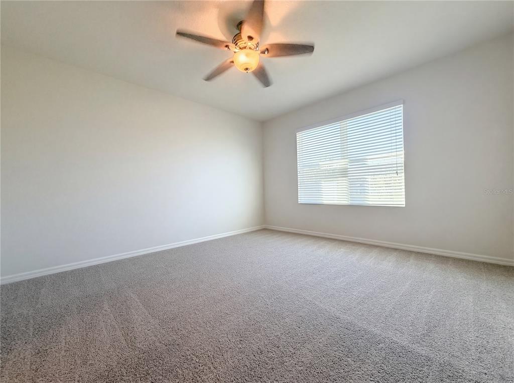 An empty bedroom features white walls, gray carpet, a ceiling fan, and a window — 11835 MYRTLE ROCK DRIVE, RIVERVIEW, FL