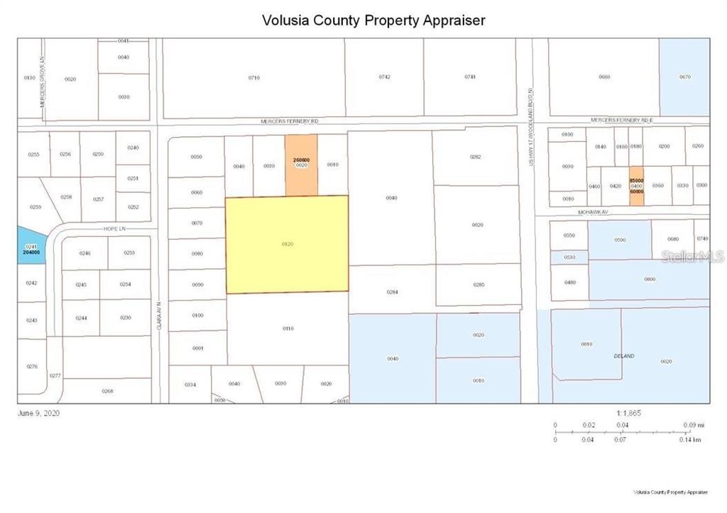 This is a property tax map showing parcel boundaries and lot numbers in Volusia County — 260 MERCERS FERNERY ROAD, DELAND, FL