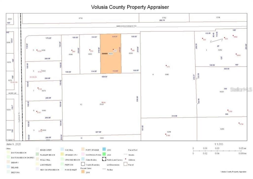 This is a property tax map showing parcel boundaries and lot dimensions in Volusia County — 260 MERCERS FERNERY ROAD, DELAND, FL