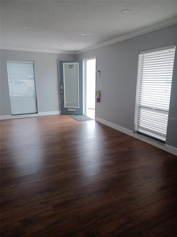 An empty room with wood-look flooring, light gray walls, two windows with blinds, and a door — 13304 WINDING OAK COURT UNIT Front, TAMPA, FL