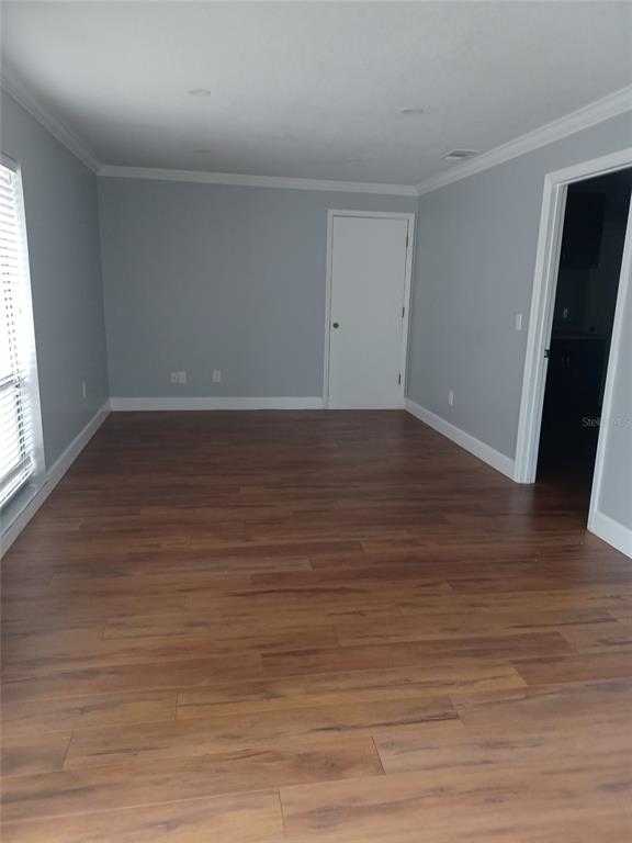 An empty room features light gray walls, wood-look flooring, and a white interior door — 13304 WINDING OAK COURT UNIT Front, TAMPA, FL