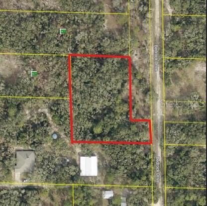 This is an aerial map showing a vacant, wooded lot outlined in red along a road — 0 BEDROCK DRIVE, WEBSTER, FL
