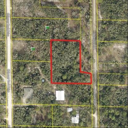 This is an aerial map showing a vacant, wooded lot outlined in red — 0 BEDROCK DRIVE, WEBSTER, FL