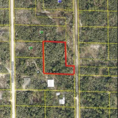 This is an aerial map showing a vacant, wooded residential lot outlined in red — 0 BEDROCK DRIVE, WEBSTER, FL