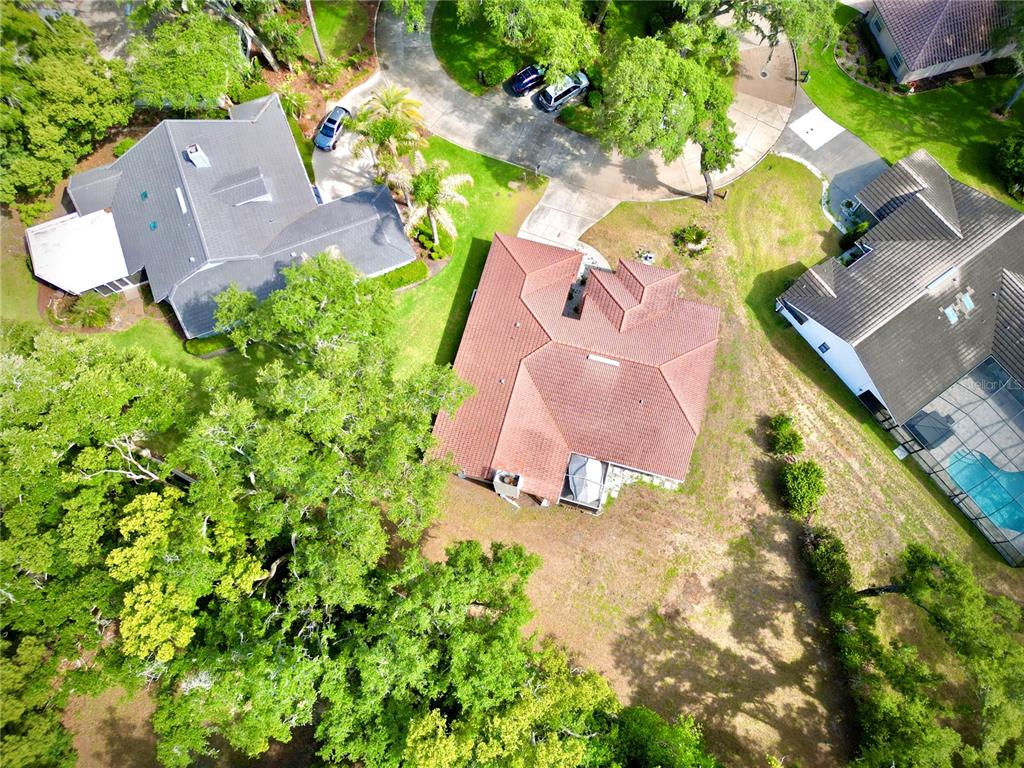 An aerial view shows three houses with tiled roofs surrounded by trees and paved driveways — 5455 PINE BARK LANE, WESLEY CHAPEL, FL