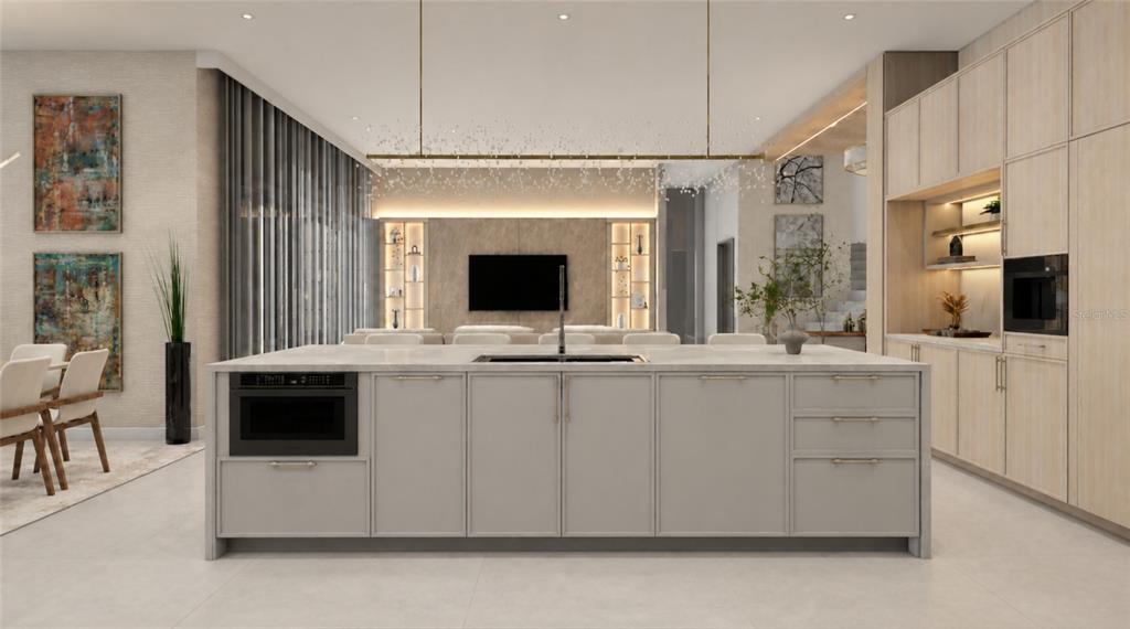 This rendering shows a modern kitchen with a large central island and light wood cabinetry — 1901 LOCH BERRY ROAD, WINTER PARK, FL