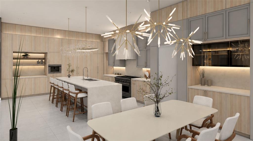 This is a rendering of a modern kitchen and dining area with light wood cabinetry — 1901 LOCH BERRY ROAD, WINTER PARK, FL
