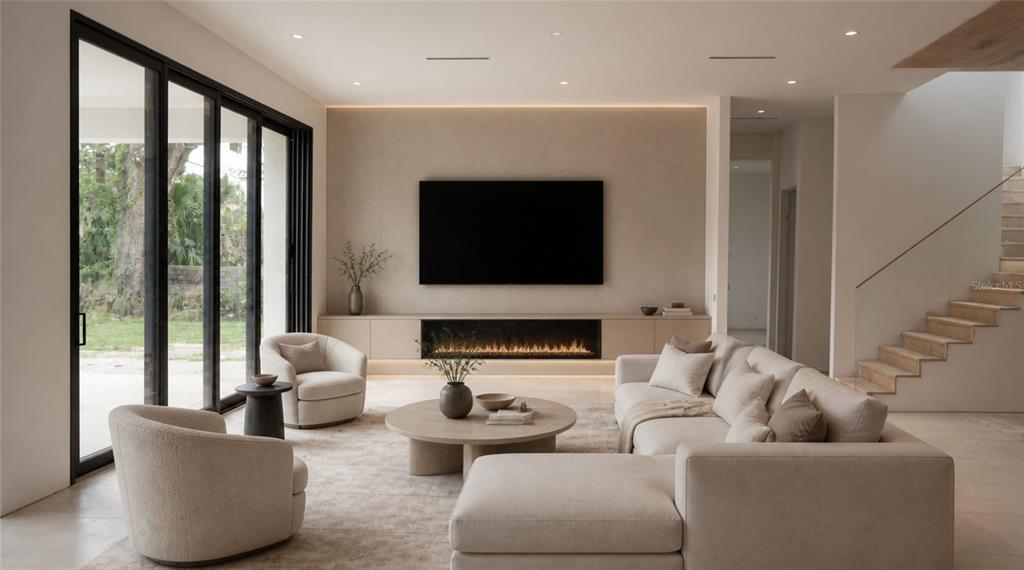 A modern living room features a large sectional sofa, two armchairs, a fireplace, and floor-to-ceiling windows — 1901 LOCH BERRY ROAD, WINTER PARK, FL