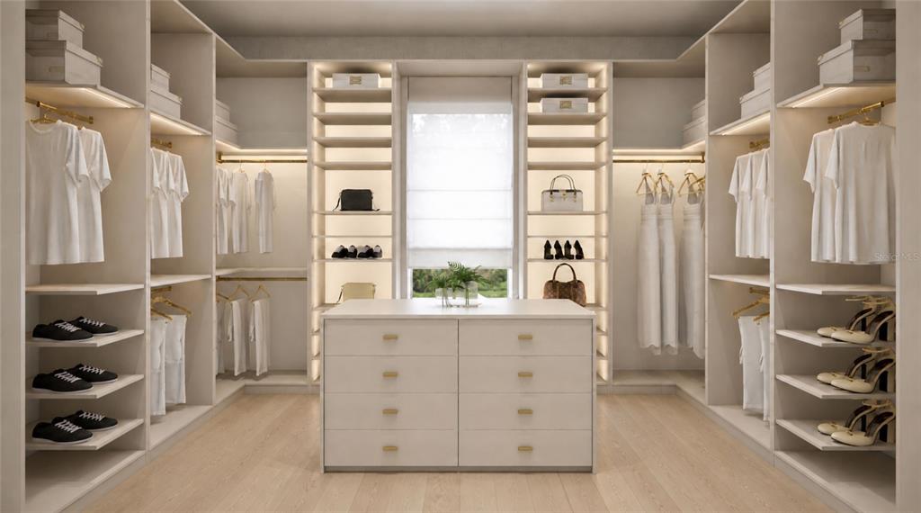 This rendering shows a walk-in closet with white cabinetry, hanging clothes, and a central island — 1901 LOCH BERRY ROAD, WINTER PARK, FL