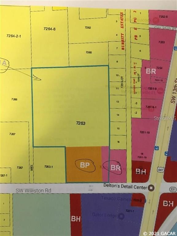 This is a land parcel map showing property boundaries, lot numbers, and zoning designations — 1602A SW WILLISTON ROAD, GAINESVILLE, FL