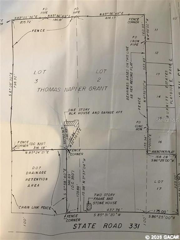 This is a land survey map showing property boundaries, structures, and lot lines — 1602A SW WILLISTON ROAD, GAINESVILLE, FL