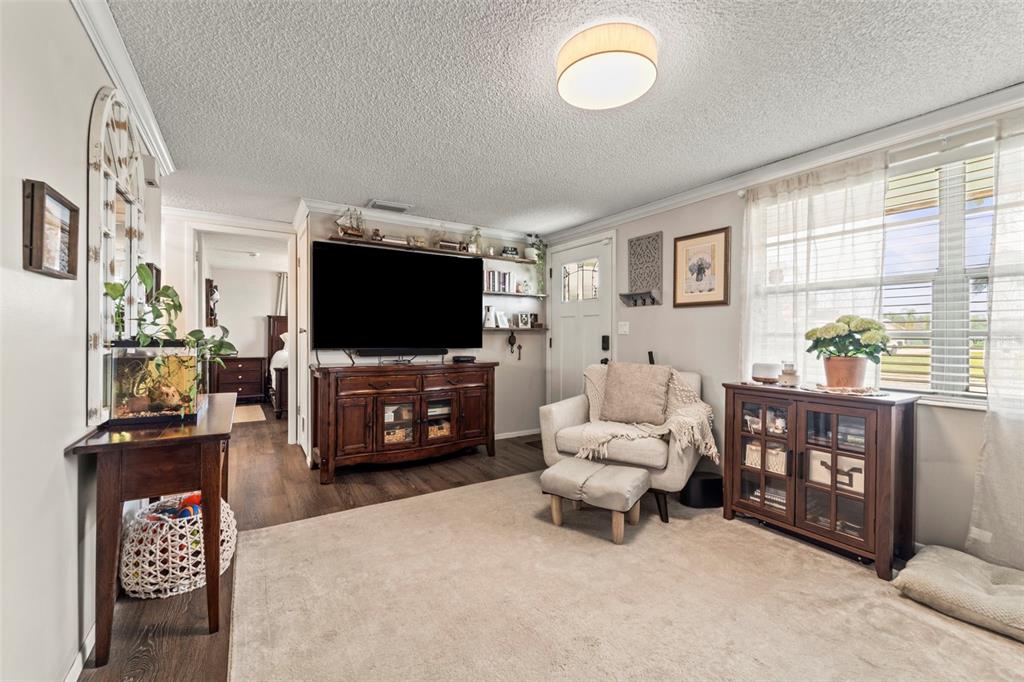 A living room features a television on a wooden console, an armchair, and a window — 3547 WILSON DRIVE, HOLIDAY, FL