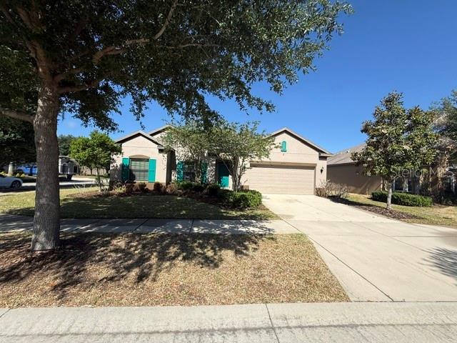 A single-story suburban house with a tan stucco exterior and a two-car garage — 2834 SHETLAND RIDGE DRIVE, VALRICO, FL