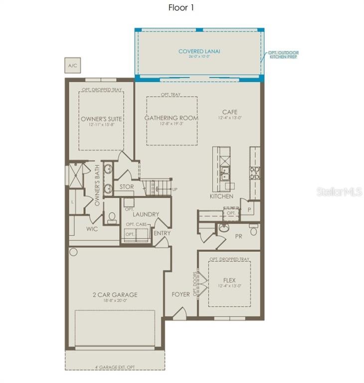 This floor plan shows a single-story home layout with a garage, kitchen, and covered lanai — 1470 RIDGE TREE DRIVE, ORMOND BEACH, FL