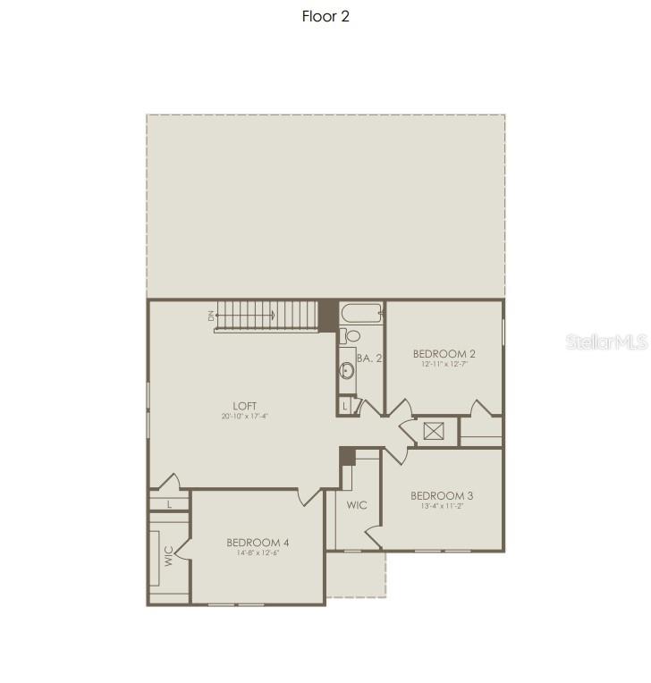 This is a floor plan of a second story featuring a loft, three bedrooms, and a bathroom — 1470 RIDGE TREE DRIVE, ORMOND BEACH, FL