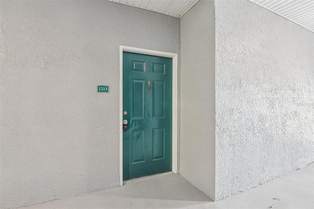 A teal front door with the number 1213 is set into a textured gray exterior wall — 18001 RICHMOND PLACE DRIVE UNIT 1213, TAMPA, FL