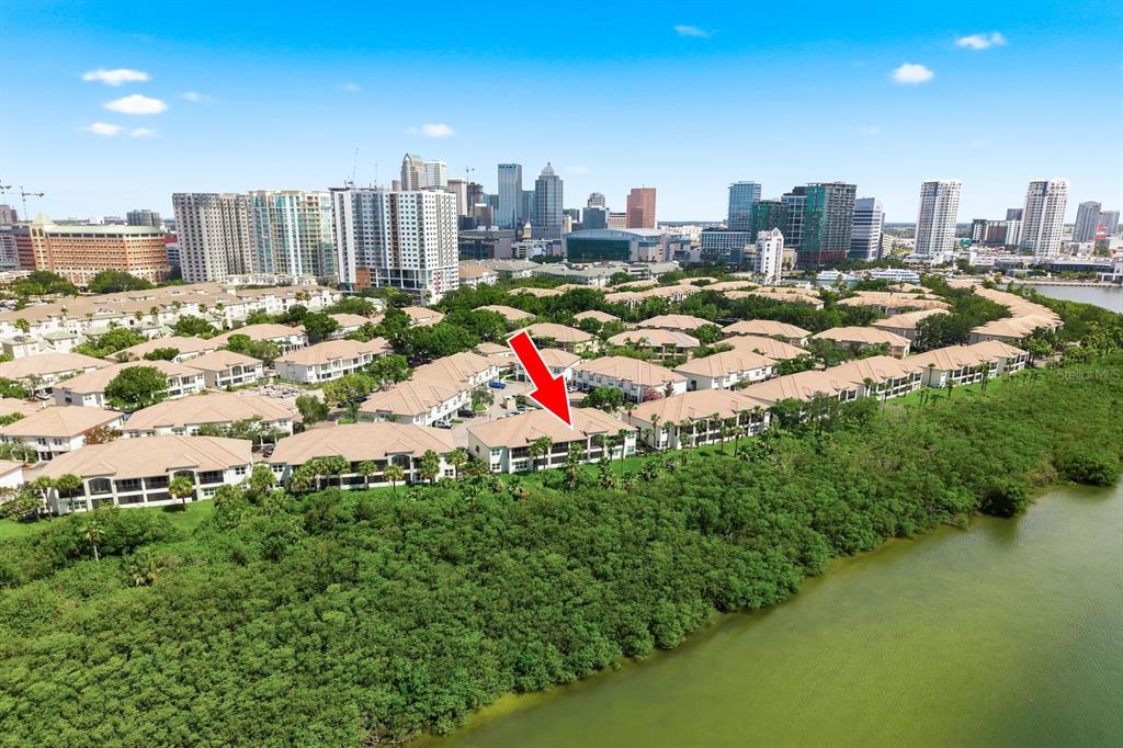 An aerial view shows a residential complex with a red arrow pointing to a building — 1027 NORMANDY TRACE ROAD, TAMPA, FL