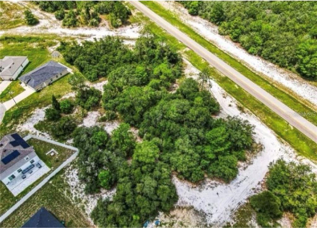 An aerial view shows a wooded, undeveloped residential lot situated next to a paved road — 612 AMAZON PLACE, KISSIMMEE, FL