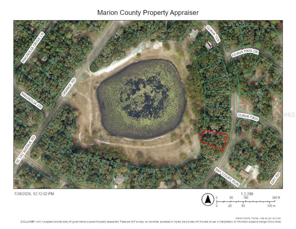 This is a property map showing a residential lot highlighted in red near a lake — TBD GUAVA TERRACE, OCKLAWAHA, FL