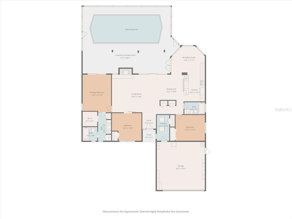 This is a floor plan for a single-story house featuring a pool and screened porch — 3827 WATSON DRIVE, NEW PORT RICHEY, FL