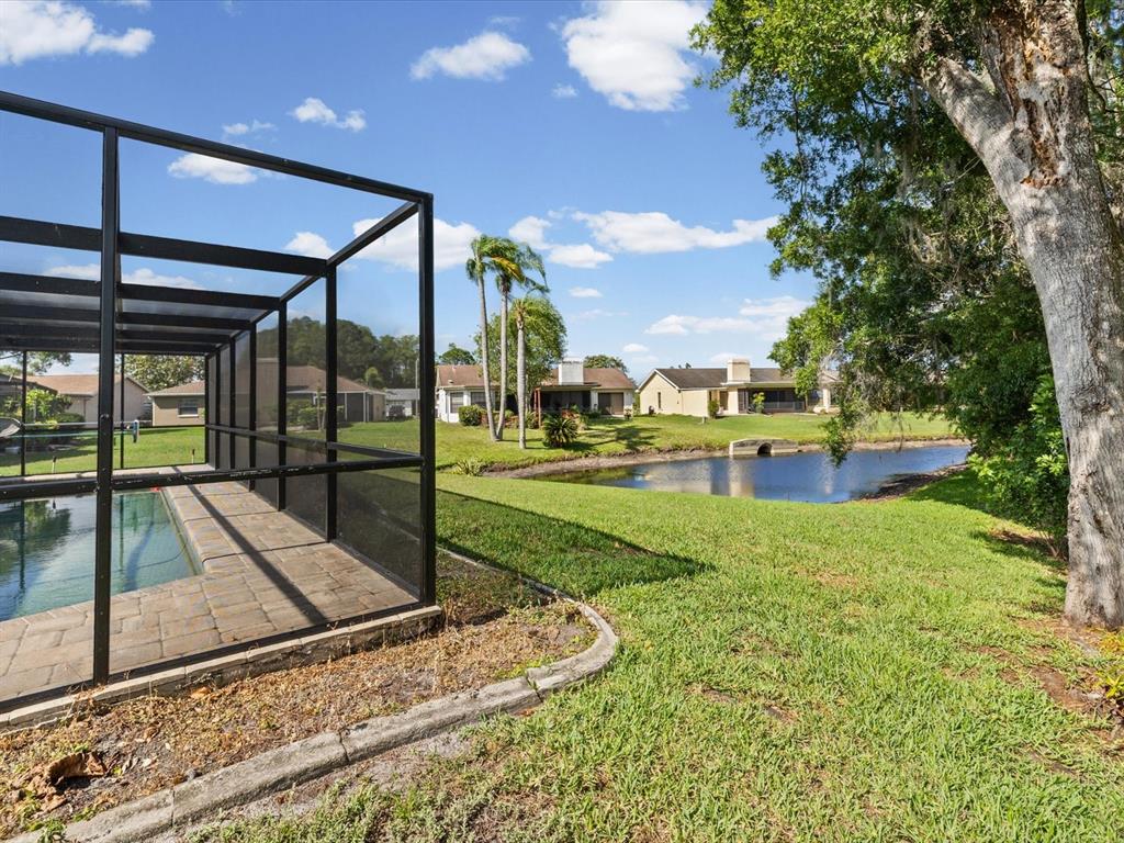 A screened pool enclosure overlooks a grassy yard and a small pond with neighboring houses — 3827 WATSON DRIVE, NEW PORT RICHEY, FL