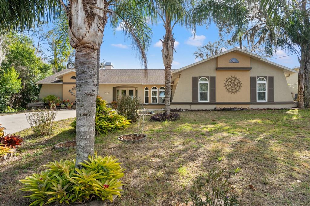 A single-story house with a tan exterior, arched windows, and a palm-lined front yard — 206 RUSK CIRCLE, SPRING HILL, FL