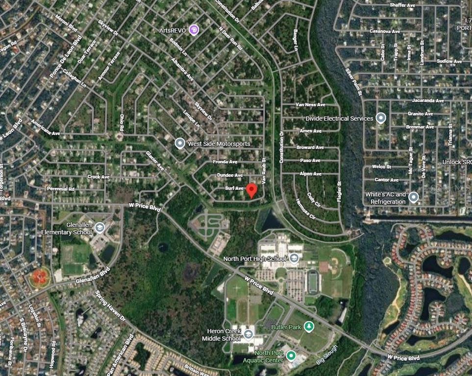 This is an aerial map view of a residential neighborhood in North Port, Florida — Lot 8 SAN SALVADOR ROAD, NORTH PORT, FL