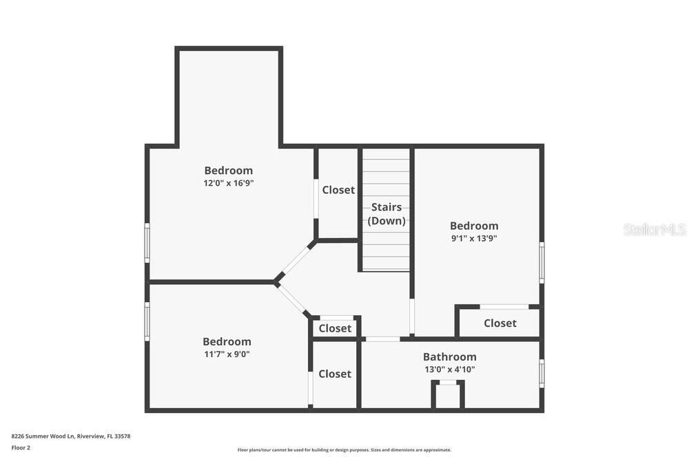 This is a floor plan for the second level of a home featuring three bedrooms — 8226 SUMMER WOOD LANE, RIVERVIEW, FL