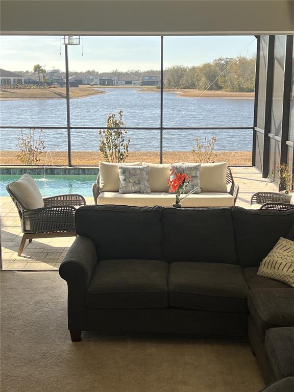 A living room opens to a screened-in patio featuring a pool and lake view — 13060 WILLOW GROVE DRIVE, RIVERVIEW, FL