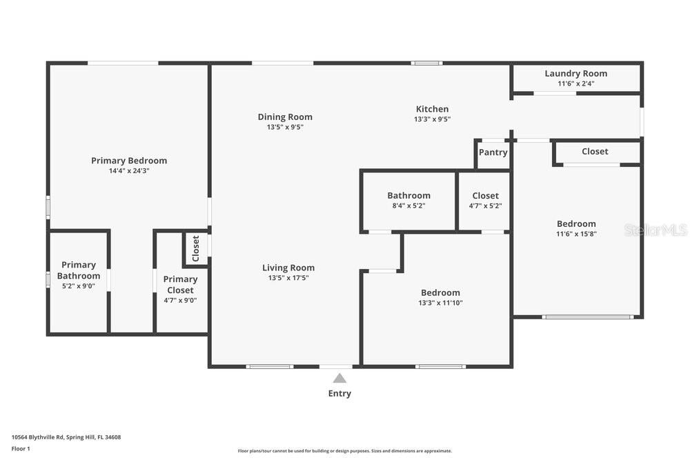 This is a floor plan for a single-story home with three bedrooms and two bathrooms — 10564 BLYTHVILLE ROAD, SPRING HILL, FL