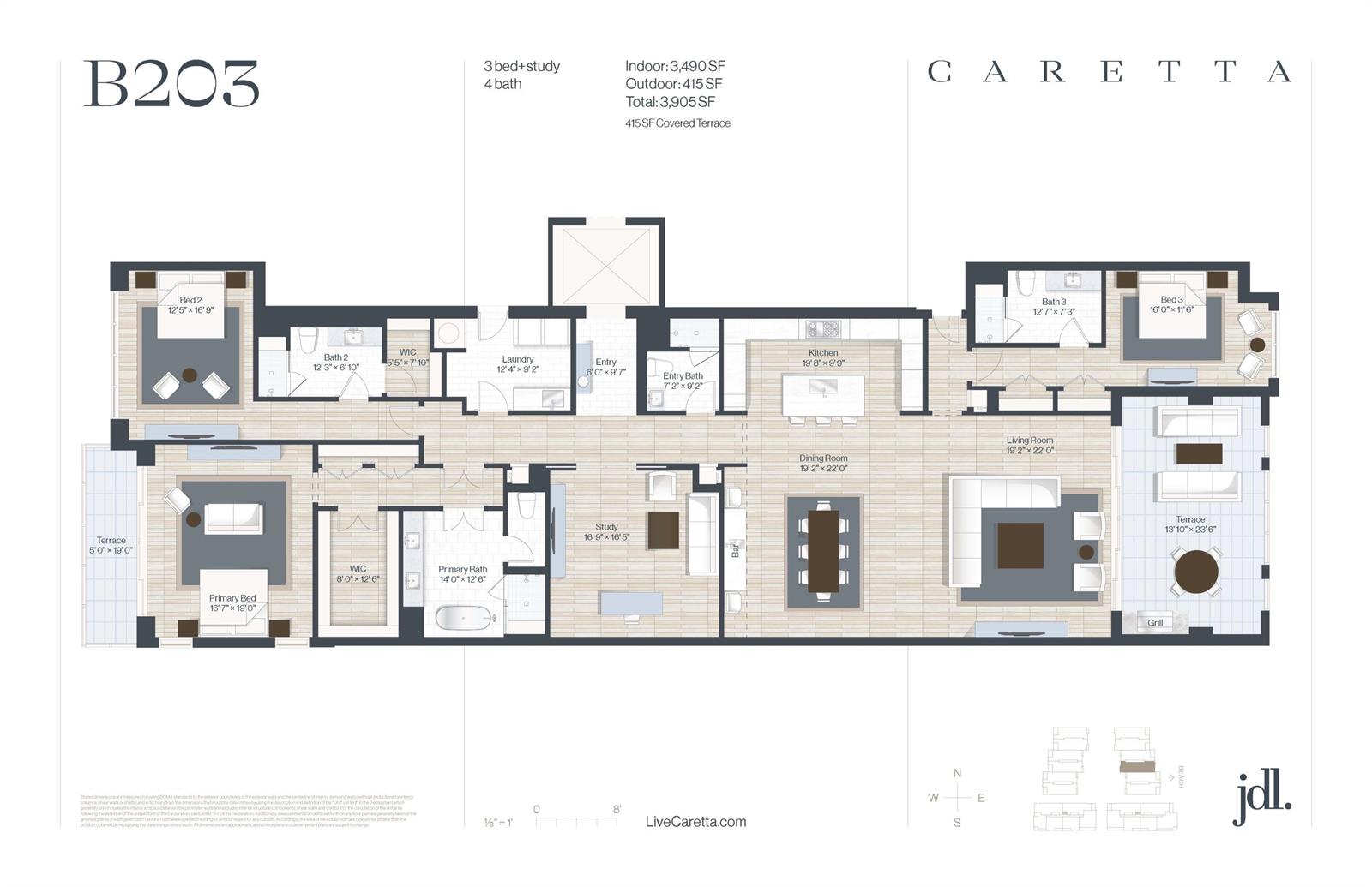 This is a floor plan for a three-bedroom, four-bathroom residential unit with two terraces — 1011 Us Highway 1 # B203, Juno Beach FL 33408, JUNO BEACH, FL