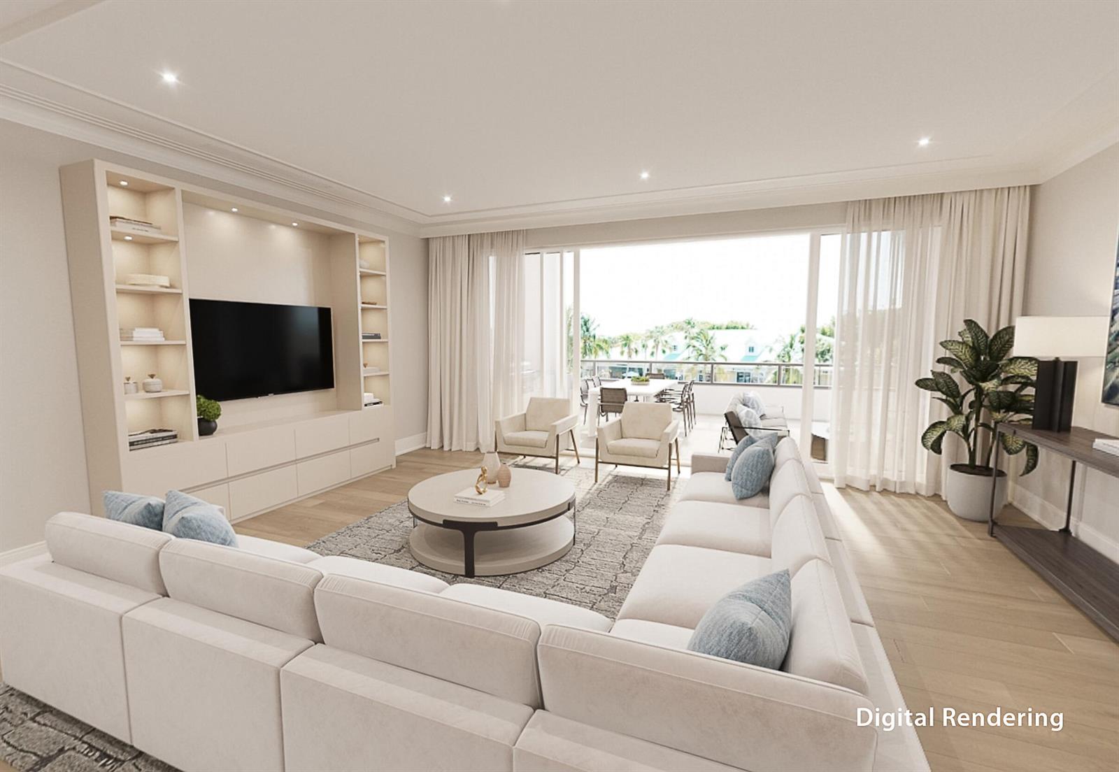 This digital rendering shows a modern living room with a large sectional, built-in shelving, and balcony — 1011 Us Highway 1 # B203, Juno Beach FL 33408, JUNO BEACH, FL