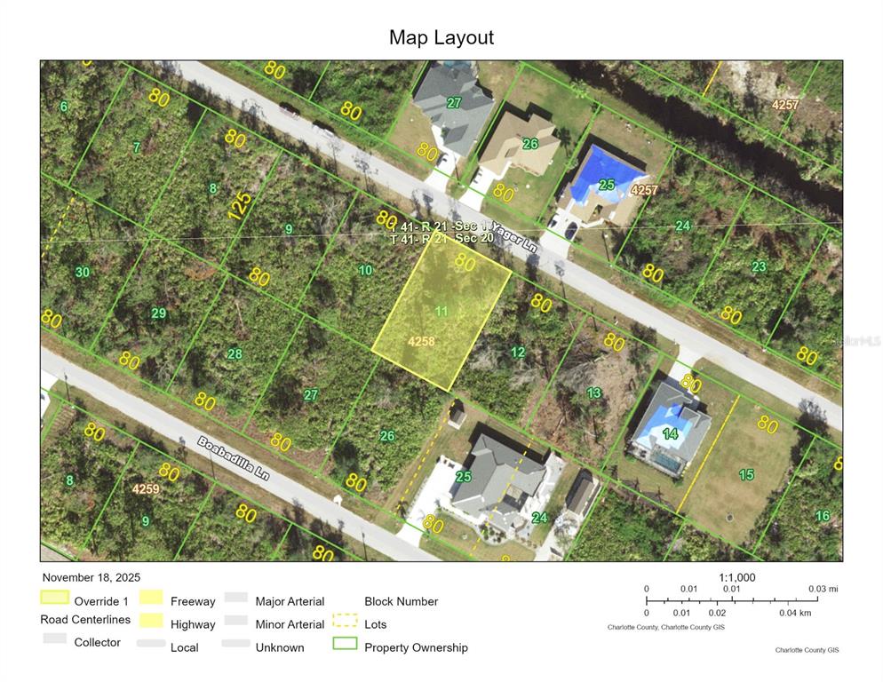 This is a property map showing lot boundaries, parcel numbers, and street names — 13417 YAGER LANE, PORT CHARLOTTE, FL