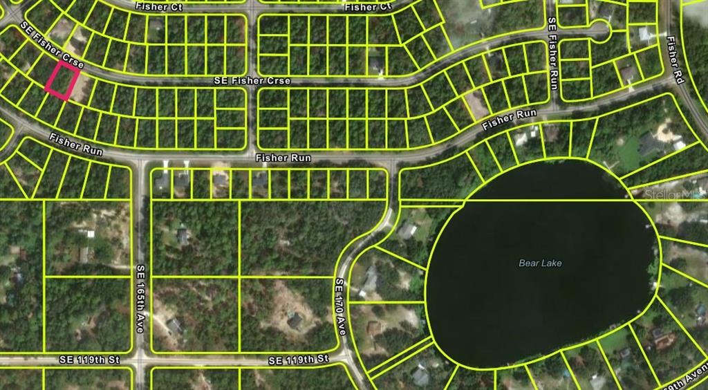 This is a satellite map showing residential lots, streets, and Bear Lake — FISHER COURSE, OCKLAWAHA, FL