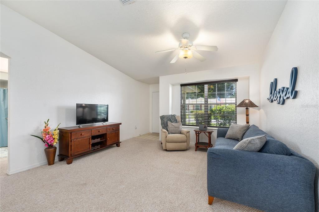 A living room features a blue sofa, a television on a wooden console, and carpeted flooring — 8038 SW 108TH LOOP, OCALA, FL