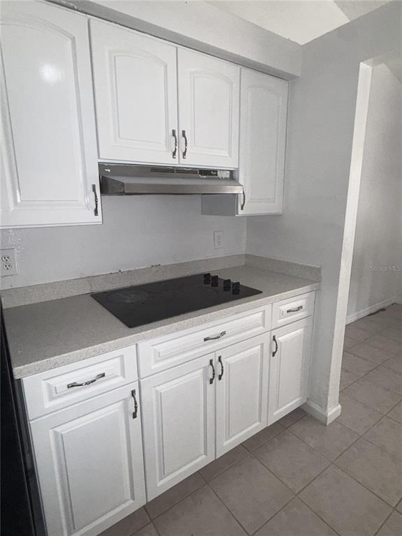 A kitchen features white cabinets, a black electric cooktop, and light-colored countertops — 9213 CAMINO VILLA BOULEVARD, TAMPA, FL