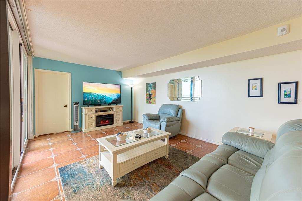 A living room features light blue walls, tile flooring, a white media console, and leather furniture — 5541 PUERTA DEL SOL BOULEVARD S UNIT 116, ST PETERSBURG, FL