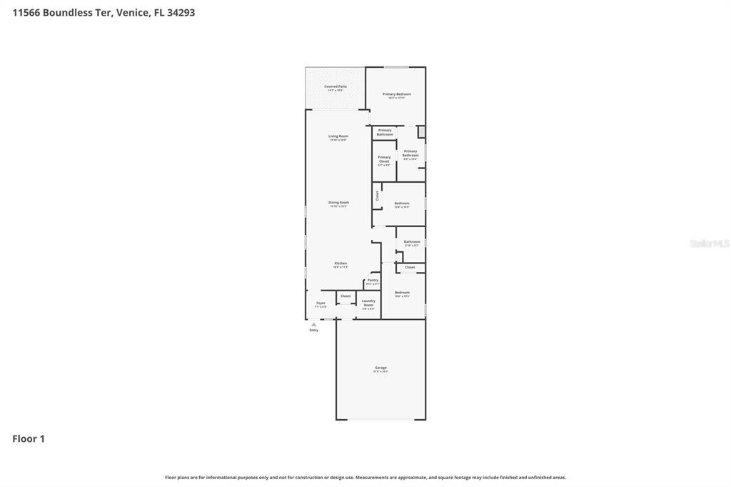 This is a floor plan for a single-story residential home with a garage and patio — 11566 BOUNDLESS TERRACE, VENICE, FL