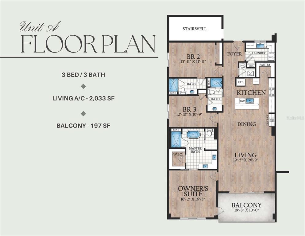 This is a floor plan for a three-bedroom, three-bathroom residential unit with a balcony — 211 SKIFF POINT UNIT 4B, CLEARWATER, FL