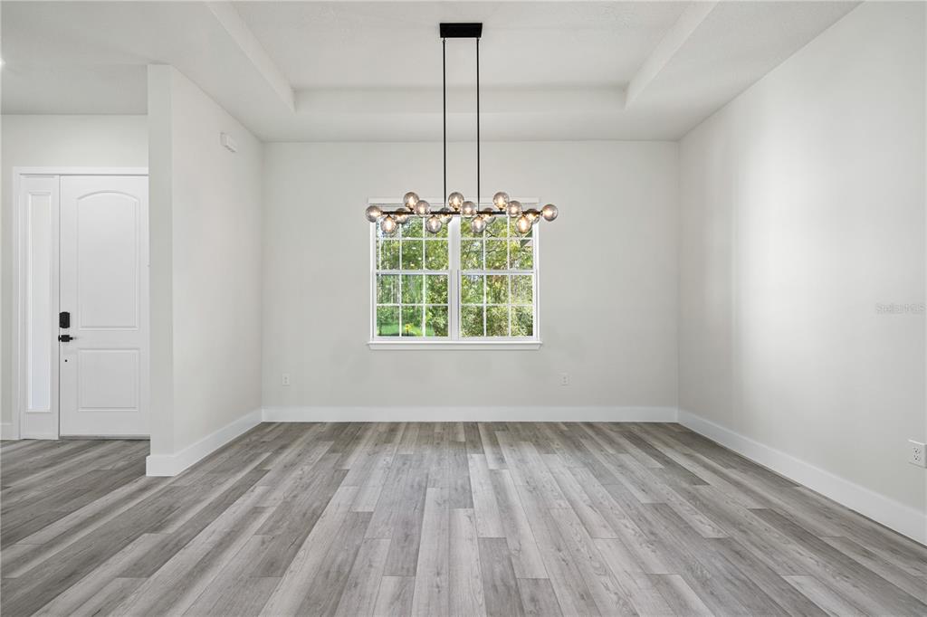 A dining room with gray wood-look flooring, a tray ceiling, and a modern globe chandelier — 8268 SW 122ND AVENUE, DUNNELLON, FL