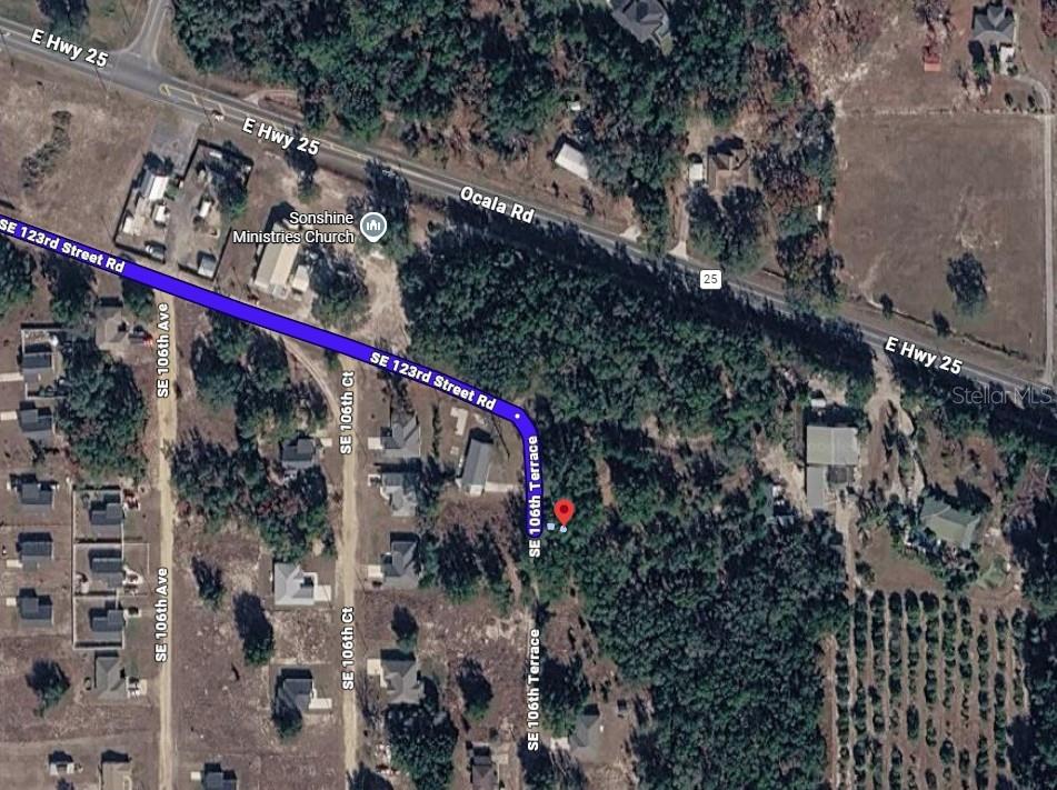 This is an aerial map showing a residential property location near SE 123rd Street Road — SE 106TH TERRACE, BELLEVIEW, FL