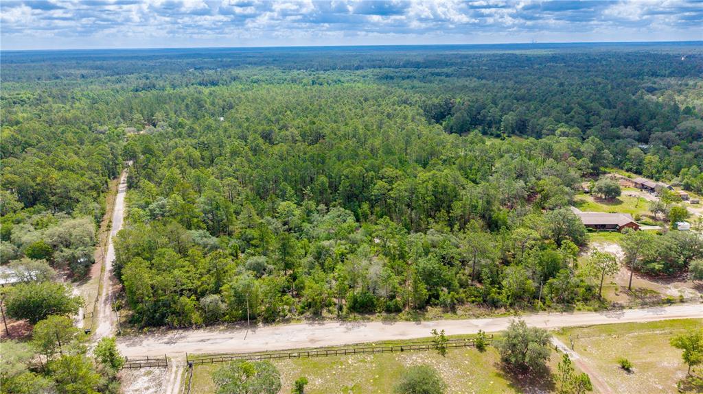 An aerial view shows a large, wooded plot of land bordered by a dirt road — GOLDEN OAK LANE, KEYSTONE HEIGHTS, FL