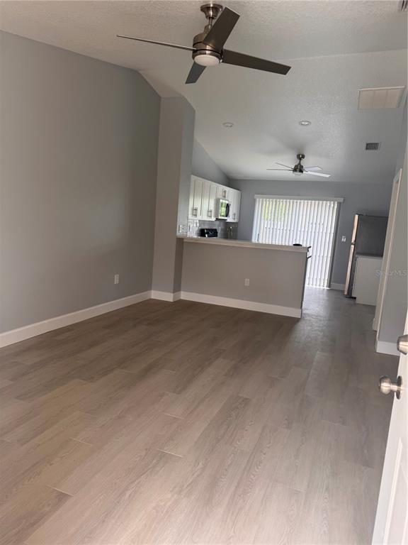 An open-concept living area features light wood-look flooring, gray walls, and a kitchen with white cabinets — 1133 E ROHE STREET UNIT A, TARPON SPRINGS, FL