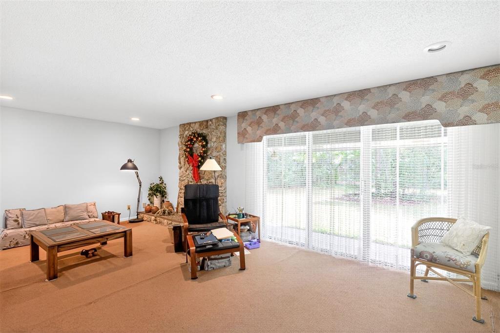 A living room features a stone fireplace, beige carpeting, and large sliding glass doors — 9603 SW 17TH AVENUE, GAINESVILLE, FL