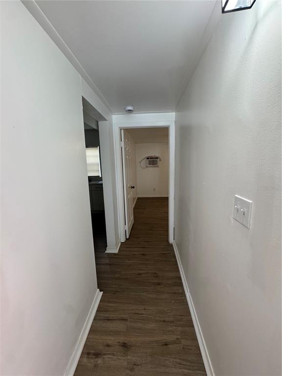 A hallway with wood-look flooring leads to a doorway revealing a room with an air conditioner — 2016 E CLIFTON STREET UNIT B, TAMPA, FL