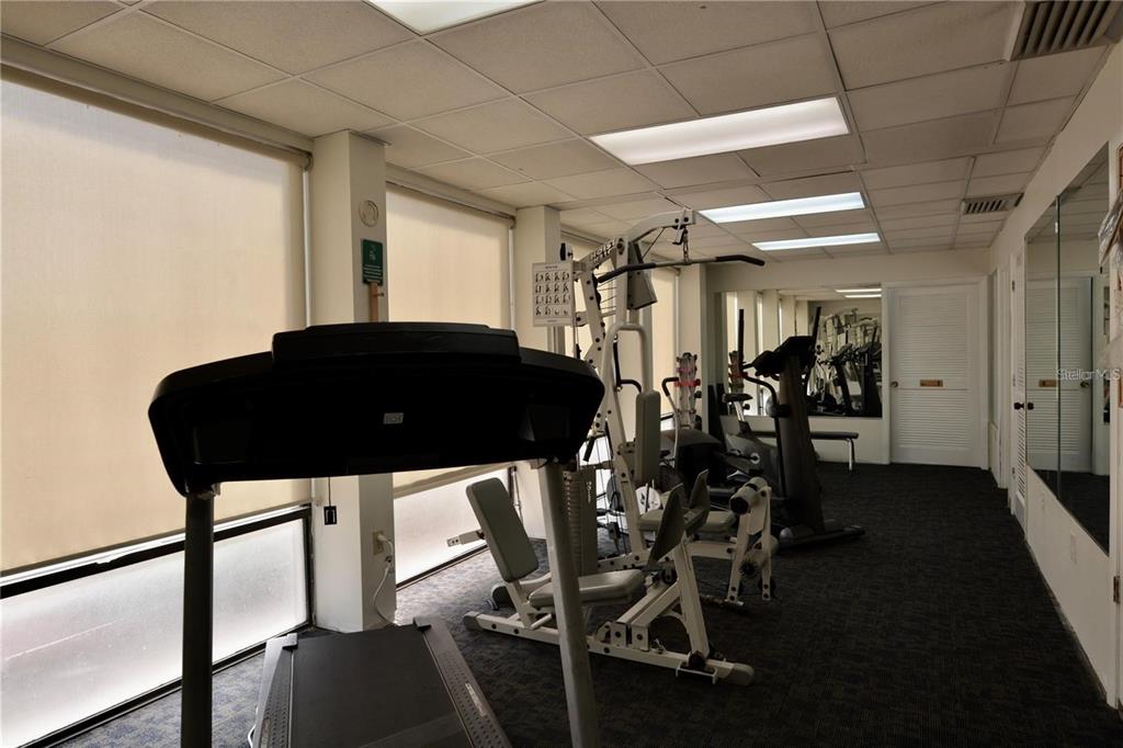 A fitness room with a treadmill, weight machine, carpeted floors, and mirrored walls — 25188 MARION AVENUE UNIT D104, PUNTA GORDA, FL