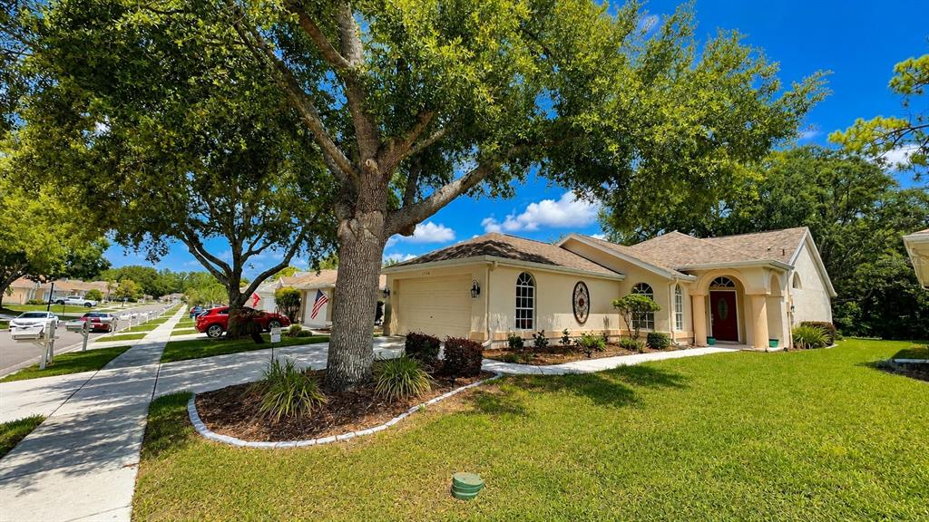 A single-story house with a beige stucco exterior, a two-car garage, and a large tree — 5556 LEGEND HILLS LANE, SPRING HILL, FL